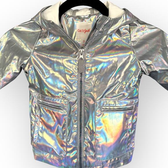 Cat & Jack Girls/Unisex Kids Rainbow Metallic Rain Jacket  Sz 2T | Hood Pockets - Picture 2 of 6